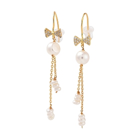 Boucles d'oreilles pompon perle naturelle pour femme, boucles d'oreilles pendantes en argent sterling avec nœud papillon et zircone cubique