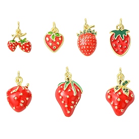 7шт 7 подвески из кубического циркония с покрытием из латуни с микропаве, с эмалью и прыжковым кольцом, без кадмия и без свинца, долговечный, клубника