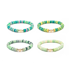 4Pcs 4 Color Handmade Polymer Clay Disc Surfer Stretch Bracelets Set, Brass Heart Preppy Bracelets for Women