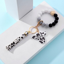 Leopard Print Tassel Bracelet Keychain with Cow Tag Pendant
