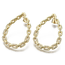 Brass Micro Pave Cubic Zirconia Stud Earrings, with Earring Backs, Nickel Free, Teardrop, Real 16K Gold Plated