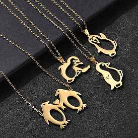 304 Stainless Steel Laser Cut Penguin Pendant Necklaces for Women Men