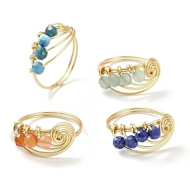Bague ronde en perles naturelles mélangées avec pierres précieuses, anneau vortex enveloppé de fil de cuivre doré clair