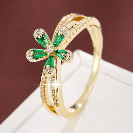 Anillos de latón con micro pavé de circonitas cúbicas para mujer, flor