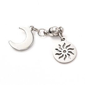 Round Brass Magnetic Clasps with Loops, with 304 Stainless Steel Charms & Jump Rings, Moon & Sun