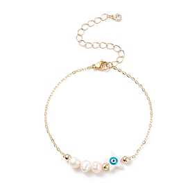 Natural Pearl & Shell Star with Evil Eye Link Bracelet with Brass Chains for Women