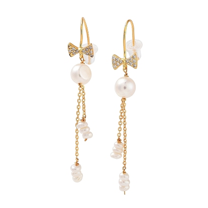 Natural Pearl Tassel Earrings for Women, Bowknot Sterling Silver Micro Pave Cubic Zirconia Dangle Earrings