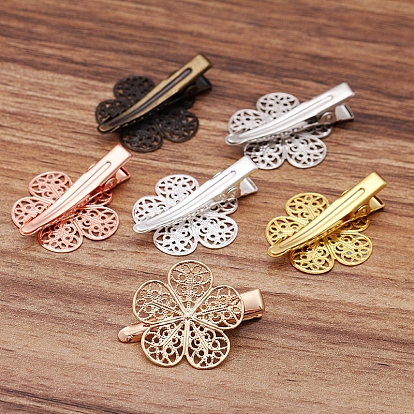 Iron Alligator Hair Clip Findings, with Brass Filigree Flower Cabochon Bezel Settings