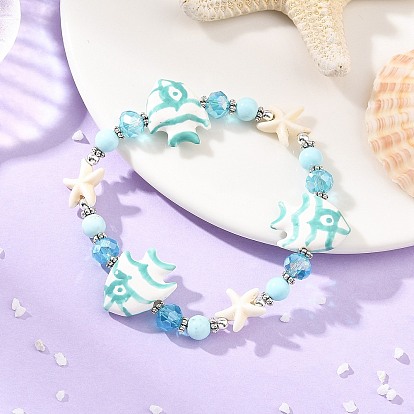 Brazaletes de piedras naturales howlite, con cuentas de turquesa sintéticos, pez con estrella de mar, Cuentas de porcelana hechas a mano, cuentas de vidrio galvanizadas y cuentas de hematita sintética no magnéticas galvanizadas