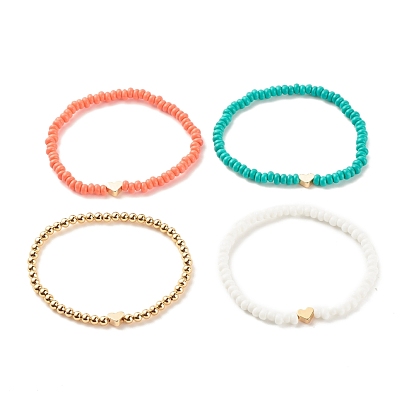 4Pcs 4 Style Glass Seed & Brass Beaded Stretch Bracelets Set with Heart, Stackable Bracelets for Girl Women, Golden