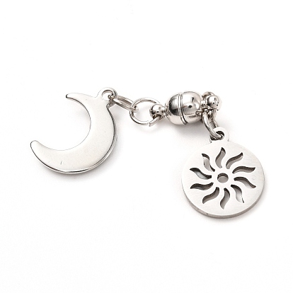 Round Brass Magnetic Clasps with Loops, with 304 Stainless Steel Charms & Jump Rings, Moon & Sun