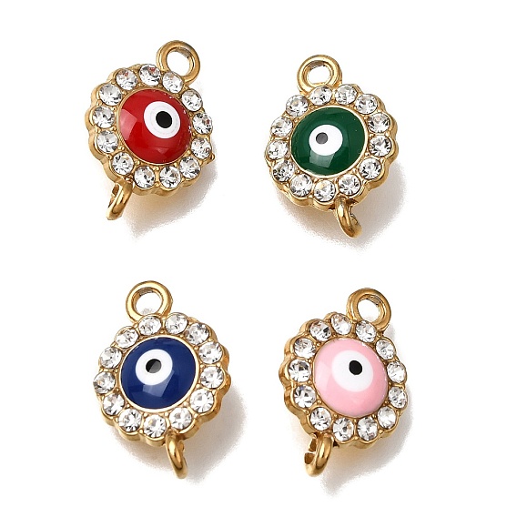 304 Stainless Steel & Enamel & Rhinestone Connector Charms, Flower with Evil Eye Links