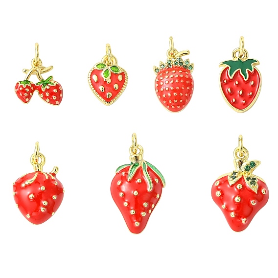 7шт 7 подвески из кубического циркония с покрытием из латуни с микропаве, с эмалью и прыжковым кольцом, без кадмия и без свинца, долговечный, клубника