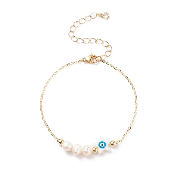 Natural Pearl & Shell Star with Evil Eye Link Bracelet with Brass Chains for Women