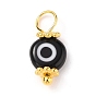 Handmade Evil Eye Lampwork Charms, with Brass Eye Pin and Tibetan Style Alloy Spacer Beads, Flat Round