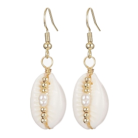 Natural Shell & Pearl Dangle Earrings, Brass Wire Wrap Earrings