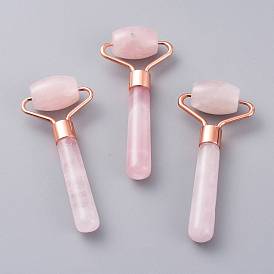 Natural Rose Quartz Massage Tools, Facial Rollers, with Rose Gold Brass Findings