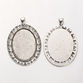 Tibetan Style Alloy Oval Pendant Cabochon Settings, Cadmium Free & Lead Free, 61x42x2mm, Hole: 5x7mm, Tray: 30x40mm, about 109pcs/kg
