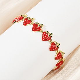 Браслеты из латуни с эмалированными звеньями и микропаве из кубического циркония, браслеты со звеньями клубники для женщин, без свинца и без кадмия, стойки покрытие