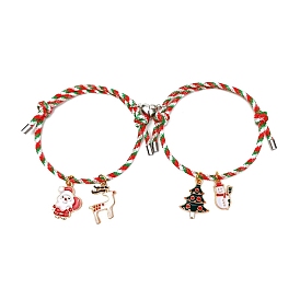 2pcs ensembles de bracelets réglables en cordon tressé de Noël pour les cadeaux de la Saint-Valentin, bracelets à breloques en émail avec fermoir magnétique en alliage