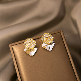Geometric Square Diamond Stud Earrings with Silver Needle - Fashionable, Luxurious and Minimalist Gemstone Ear Jewelry