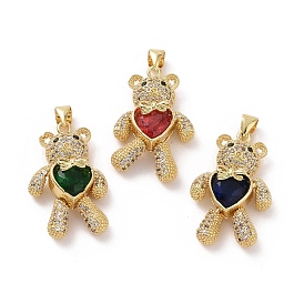 Brass Cubic Zirconia Pendants, Bear with Heart & Bowknot Charm, Mechanical Charm, Real 18K Gold Plated