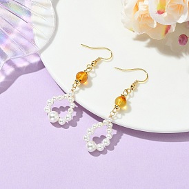 Shell Pearl and Natural Amber Dangle Earrings, Teardrop, 304 Stainless Steel Dangle Earrings for Women
