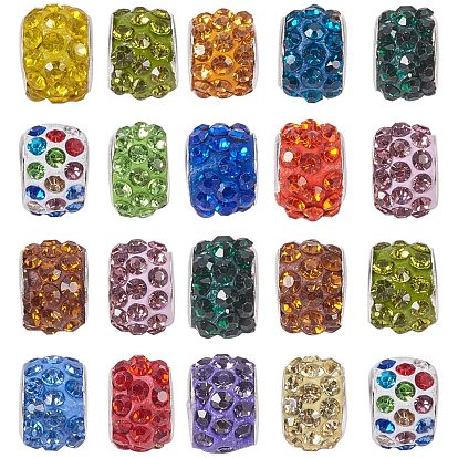 Polymer Clay Rhinestone European Beads, Large Hole Beads, Rondelle, with Silver Tone Brass Cores