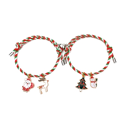 2Pcs Christmas Braided Cord Adjustable Bracelets Sets for Valentine's Day Present Gifts, Enamel Charms Bracelets with Alloy Magnetic Clasp