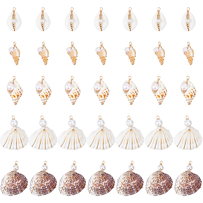 35 шт. 5 стили подвески из натуральной смешанной медной проволоки, подвески из ракушек с ракушечным жемчугом, золотые