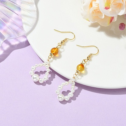 Shell Pearl and Natural Amber Dangle Earrings, Teardrop, 304 Stainless Steel Dangle Earrings for Women
