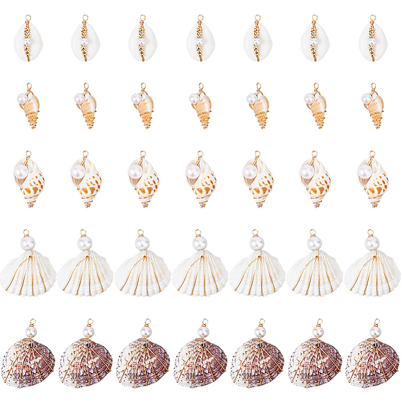 35 шт. 5 стили подвески из натуральной смешанной медной проволоки, подвески из ракушек с ракушечным жемчугом, золотые