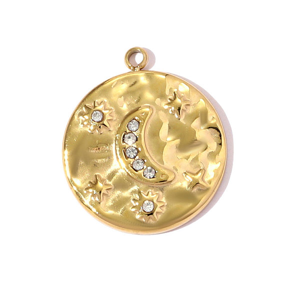 Текстурированные 304 подвески из нержавеющей стали, плоский круглый с солнцем, луной и звездой, с кристально горный хрусталь, ионное покрытие (ip)