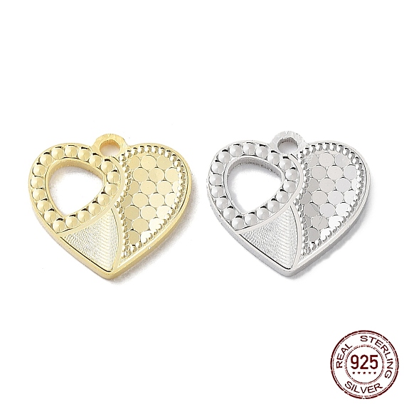 Rhodium Plated 925 Sterling Silver Charms, Heart with Polka Dot Charm, Textured