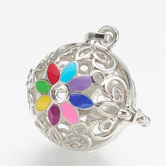 Brass Cage Pendants, For Chime Ball Pendant Necklaces Making, with Enamel, Round with Flower