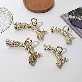 Pearl Water Diamond Fish Tail Hair Clip - Large Hairpin for Back of Head Decoration.