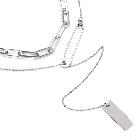 304 Stainless Steel Lariat Necklaces & Chain Necklaces Sets, with Paperclip Chains, Rectangle with Safety Pin