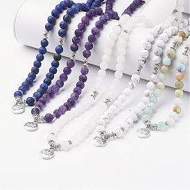 Gemstone Beaded Necklaces, also for 4-Loop Wrap Bracelets, with Alloy Beads and Flat Round Pendant
