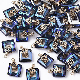 Electroplate Glass Charms, with Light Gold Plated Brass Ice Pick Pinch Bails, Rectangle