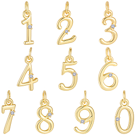 10Pcs 10 Styles Brass Micro Pave Clear Cubic Zirconia Charms, Number, with Jump Ring