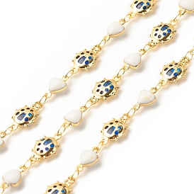 Enamel Heart and Glass Beetle Link Chain, with Brass Findings, Long-Lasting Plated, Soldered, with Spool