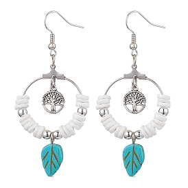 Natural Sea Shell Beads and Synthetical Dyed Turquoise Leaf Pendants Earrings, with Alloy Tree Finding