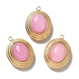 Natural Rhodonite Pendants, Ion Plating(IP) 304 Stainless Steel Oval Charms