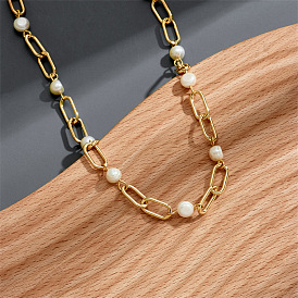 Chunky Pearl Collar Necklace with 14K Gold-Plated Clasp and Paperclip Chain