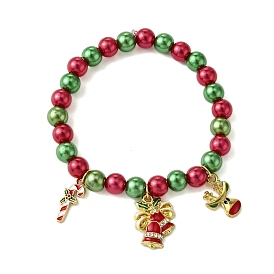 Christmas Bell & Candy Cane & Deer Alloy Enamel Charm Bracelets, 7.5mm Round Imitation Pearl Acrylic Beaded Stretch Bracelets, Green