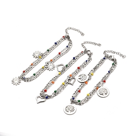 Bracelet multi-rangs double épaisseur avec perles et chaînes figaro en émail coloré, 304 bracelet à breloques en acier inoxydable pour femme, couleur inox
