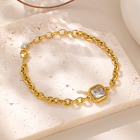 304 Stainless Steel Pave Clear Cubic Zirconia Square Link Bracelets for Women