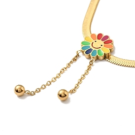 Colorful Enamel Sunflower with Tassel Pendant Necklace, Ion Plating(IP) 304 Stainless Steel Jewelry for Women