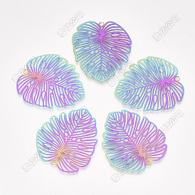 Ion Plating(IP) 201 Stainless Steel Filigree Pendants, Etched Metal Embellishments, Tropical Leaf Charms, Monstera Leaf