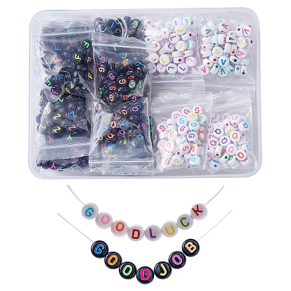 1872Pcs 52 Style Opaque Acrylic Beads, Black & White Flat Round with Mixed Color Letter